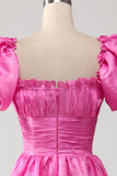 Puff Sleeves Hot Pink Prom Dress with Ruffles