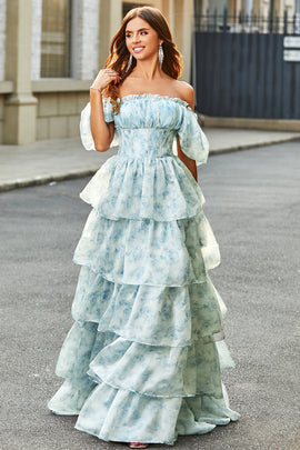 Zapaka Women Light Blue Tiered Prom Dress with Corset Printed A-Line Party Dress with Puff Sleeves, Light Blue / US26W Zapaka Women Light Blue Tiered Prom Dress with Corset Printed A-Line Party Dress with Puff Sleeves, Light Blue / US26W