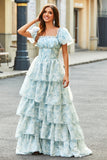 A Line Square Neck Light Blue Tiered Floral Long Prom Dress with Ruffles