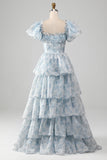 Organza Light Blue Tiered Prom Dress with Corset