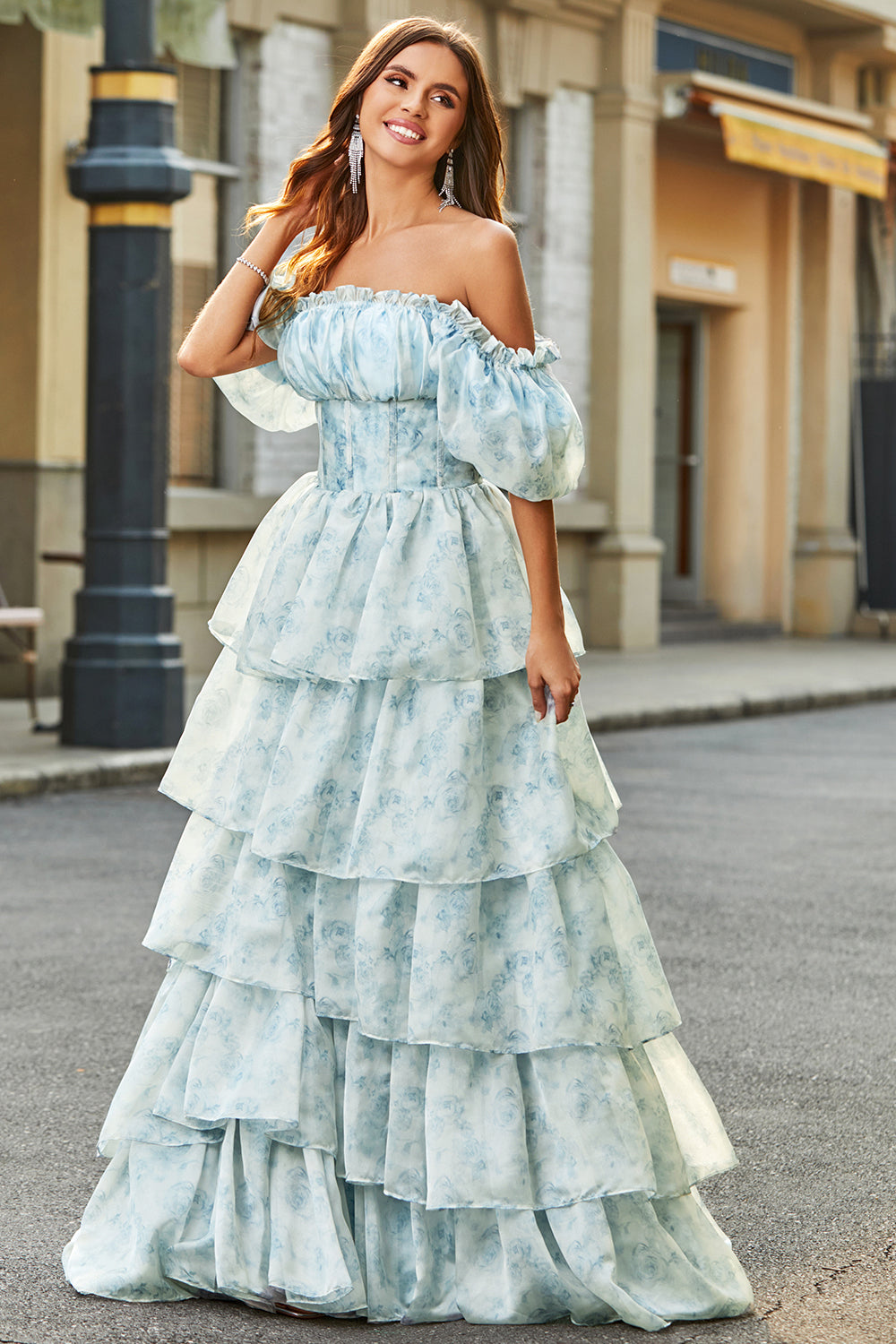 Zapaka Women Light Blue Tiered Prom Dress with Corset Printed A-Line Party Dress with Puff Sleeves, Light Blue / US26W Zapaka Women Light Blue Tiered Prom Dress with Corset Printed A-Line Party Dress with Puff Sleeves, Light Blue / US26W