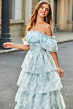 A Line Square Neck Light Blue Tiered Floral Long Prom Dress with Ruffles