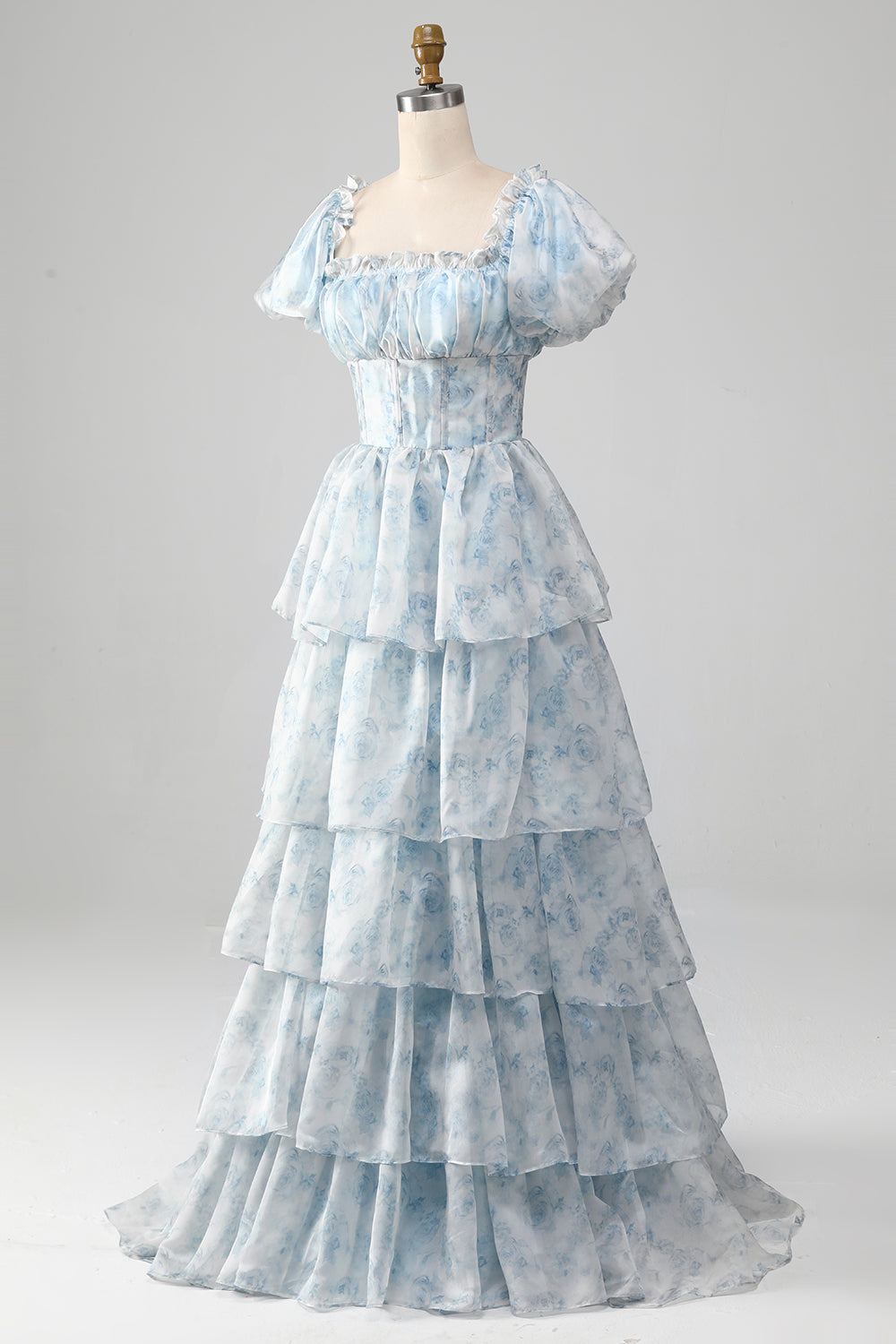 Organza Light Blue Tiered Prom Dress with Corset