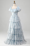 Organza Light Blue Tiered Prom Dress with Corset