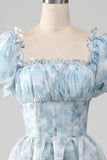 Organza Light Blue Tiered Prom Dress with Corset