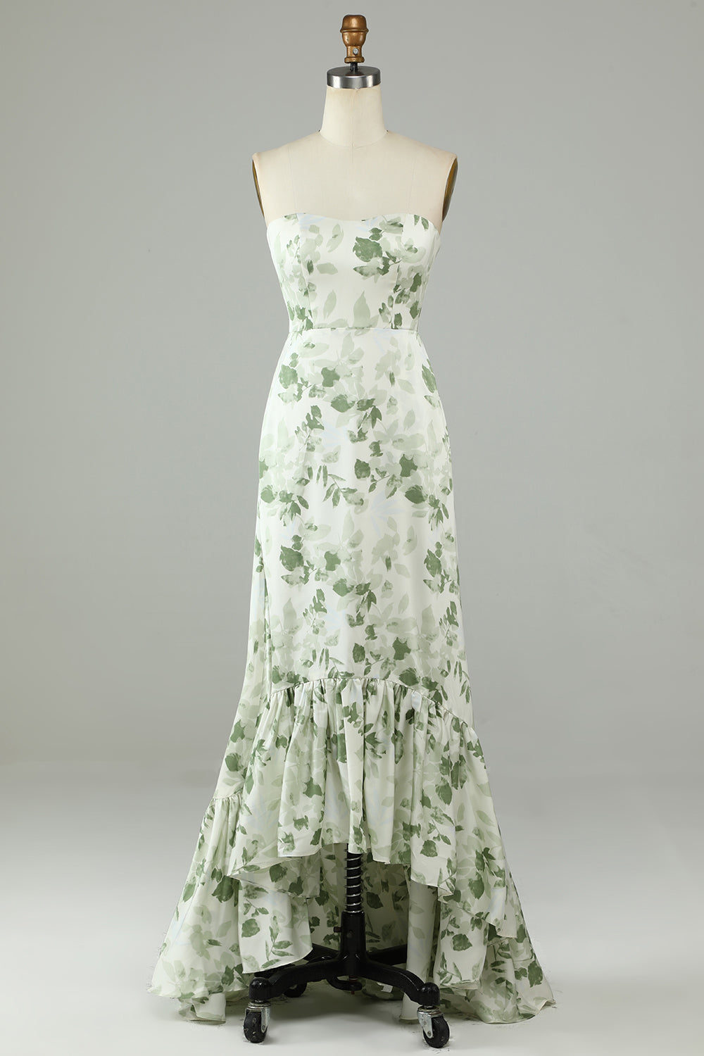 ZAPAKA Women Green Long Bridesmaid Dress Asymmetrical Strapless Printed ...