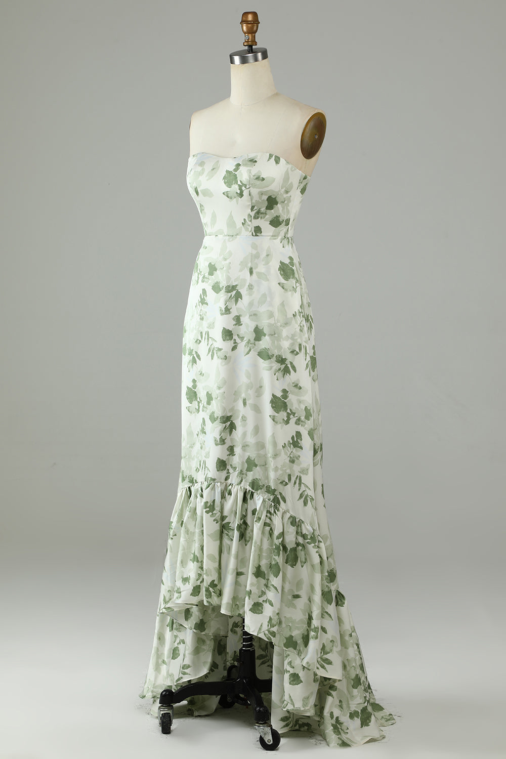 ZAPAKA Women Green Long Bridesmaid Dress Asymmetrical Strapless Printed ...
