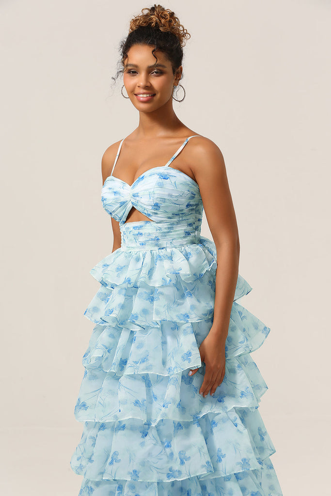 Spaghetti Straps Cut Out Tiered Blue Ball Dress