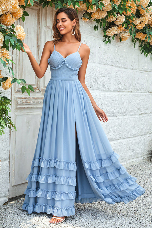 Charming A Line Spaghetti Straps Dusty Blue Long Bridesmaid Dress with Criss Cross Back