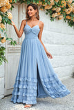 Charming A Line Spaghetti Straps Dusty Blue Long Bridesmaid Dress with Criss Cross Back