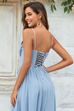 Charming A Line Spaghetti Straps Dusty Blue Long Bridesmaid Dress with Criss Cross Back