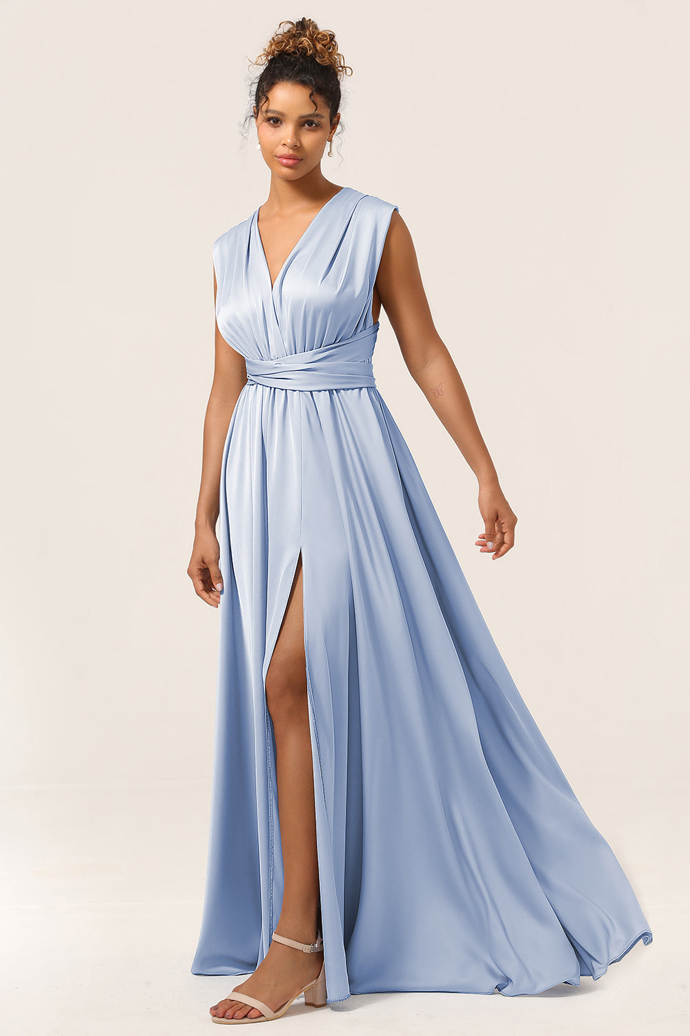 satin convertible bridesmaid dress AW.Bridal A-line Sweetheart Neckline Sleeveless Spaghetti Straps Satin Pleat Ruching Split Long Bridesmaid Dresses Dress Dark Navy Size 16
