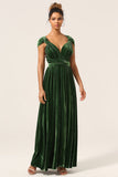 Elegant A Line V Neck Dark Green Covertible Wear Velvet Long Bridesmaid Dress