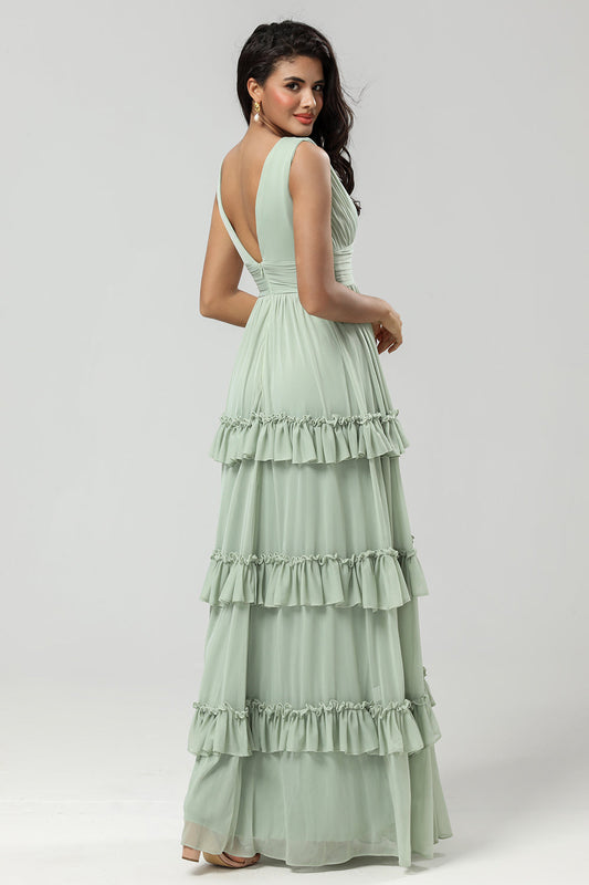 A Line Chiffon Green Bridesmaid Dress with Pleated