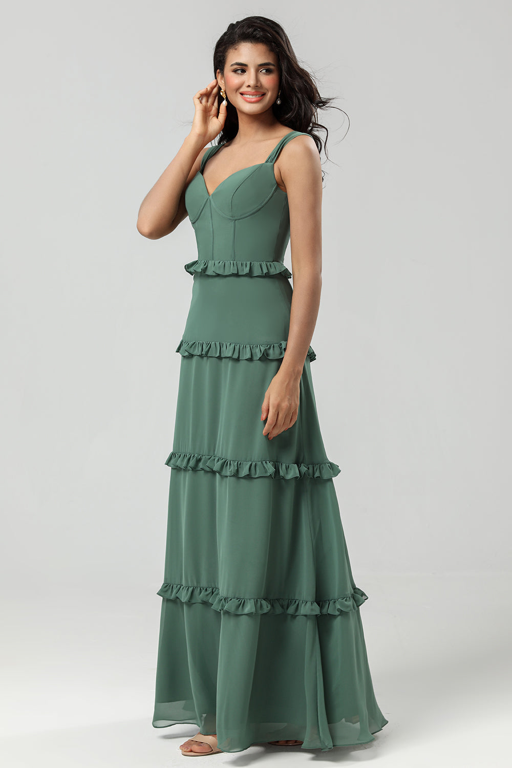 Classic Elegance A Line Off the Shoulder Eucalyptus Long Bridesmaid Dress