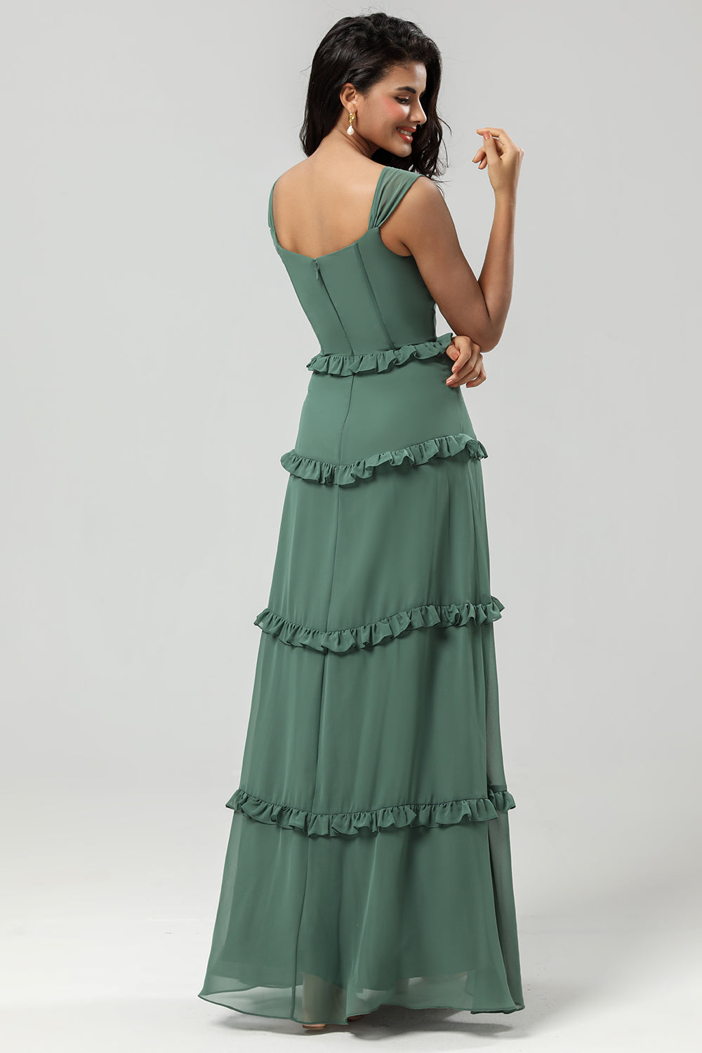Classic Elegance A Line Off the Shoulder Eucalyptus Long Bridesmaid Dress