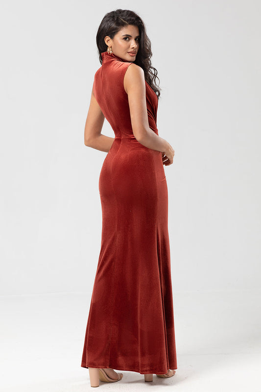 Sweetest Admirer Mermaid High Neck Terracotta Velvet Long Holiday Dress