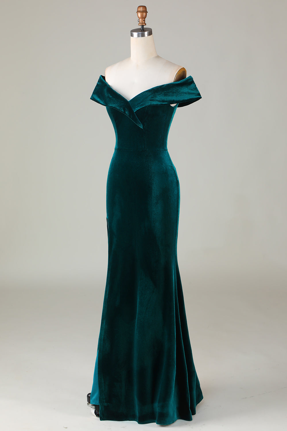 Zapaka Women Peacock Green Bridesmaid Dress Mermaid Off the Shoulder Velvet Wedding Guest Dress With Slit