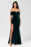 Epitome of Romance Mermaid Off the Shoulder Peacock Green Velvet Holiday Party Dress