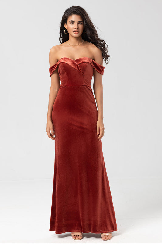 Keeper of My Heart Mermaid Off the Shoulder Terracotta Velvet Holiday Party Dress