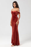 Keeper of My Heart Mermaid Off the Shoulder Terracotta Velvet Holiday Party Dress