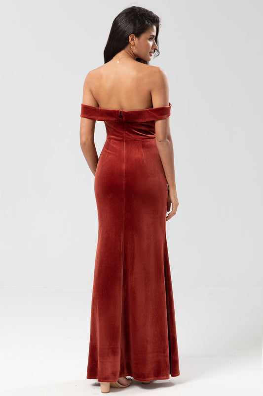 Keeper of My Heart Mermaid Off the Shoulder Terracotta Velvet Holiday Party Dress