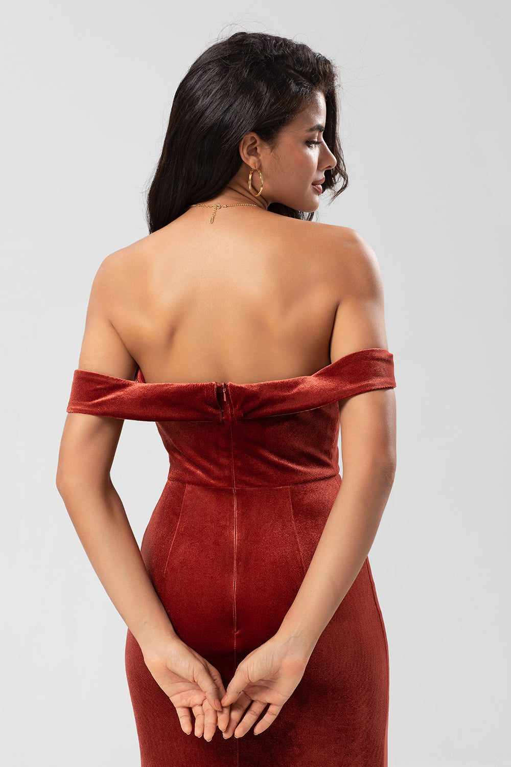 Keeper of My Heart Mermaid Off the Shoulder Terracotta Velvet Holiday Party Dress