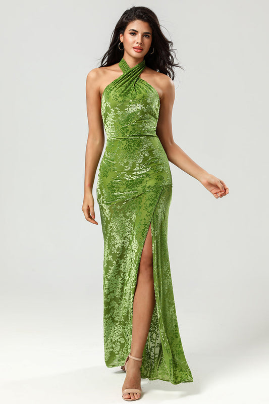 Confidently Charismatic Mermaid Halter Neck Olive Velvet Holiday Party Dress