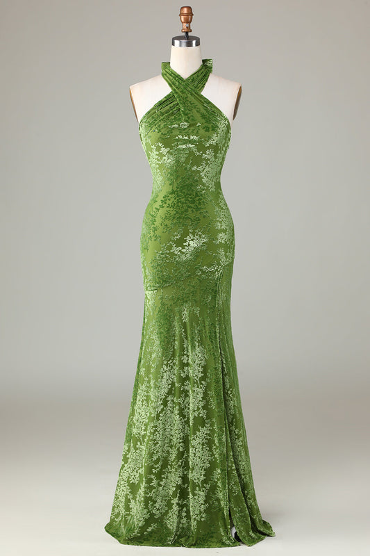 Velvet Halter Olive Holiday Party Dress