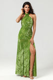 Confidently Charismatic Mermaid Halter Neck Olive Velvet Holiday Party Dress