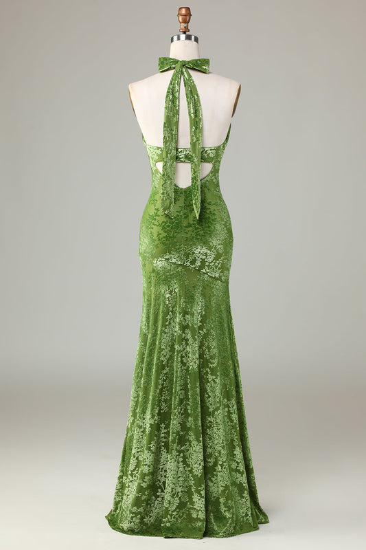 Velvet Halter Olive Holiday Party Dress