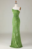 Velvet Mermaid One Shoulder Olive Bridesmaid Dress