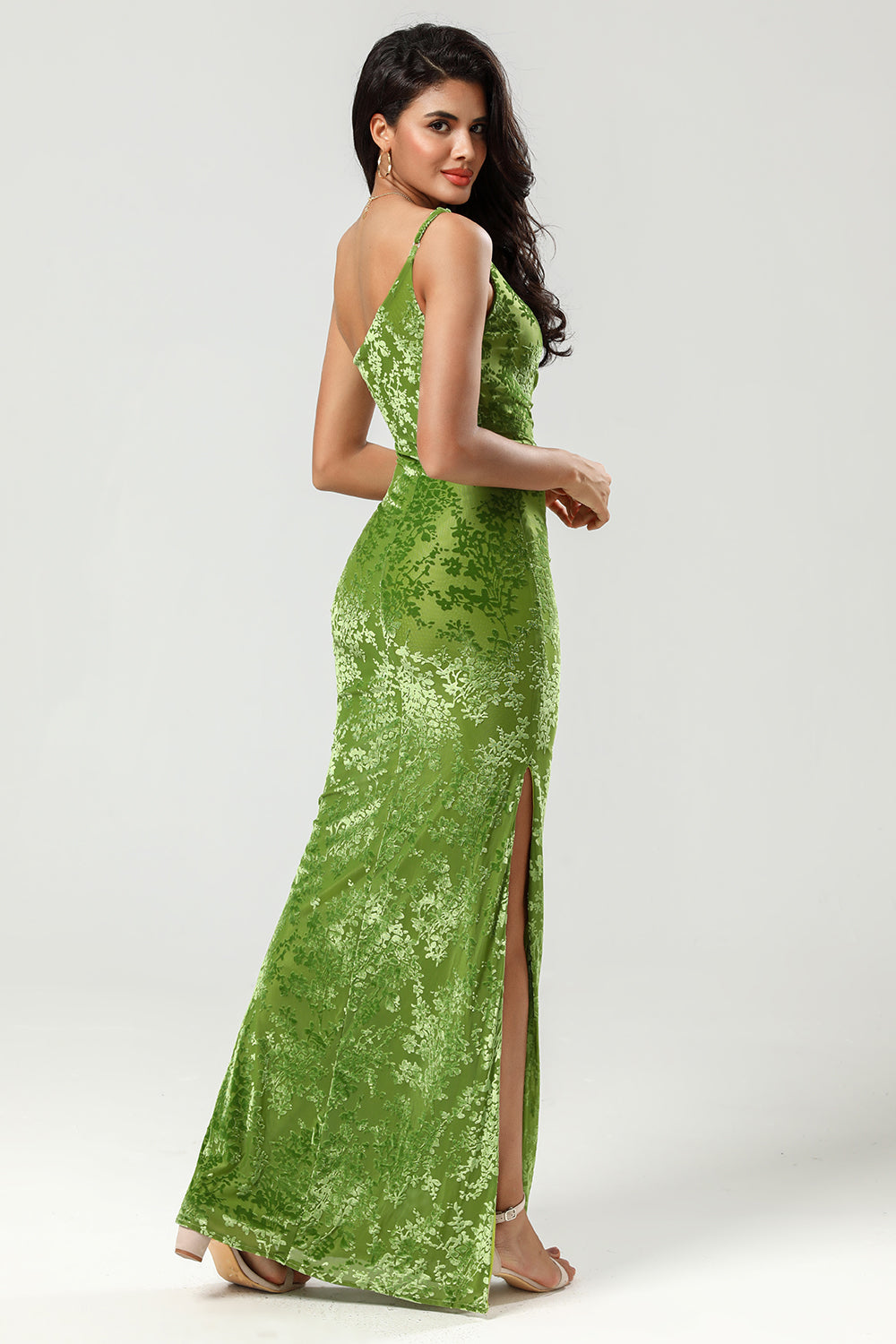 Epitome of Romance Mermaid One Shoulder Olive Velvet Holiday Party Dress