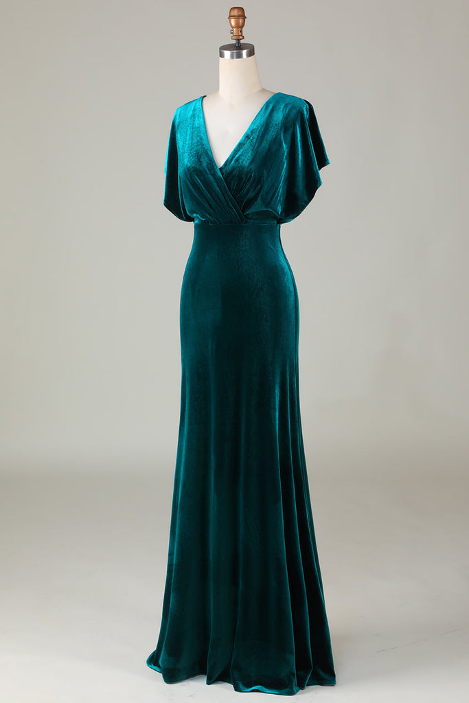 Pleated V-neck Ruffle Sheath Floor-length Dress Peacock main image 1