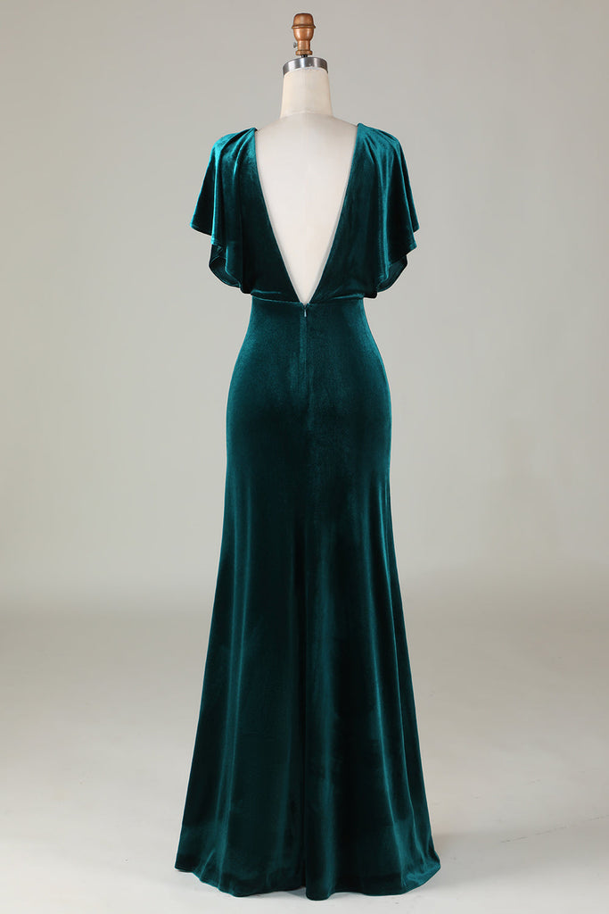 Velvet V-neck Flutter Sleeves Dress With Slit Peacock main image 1
