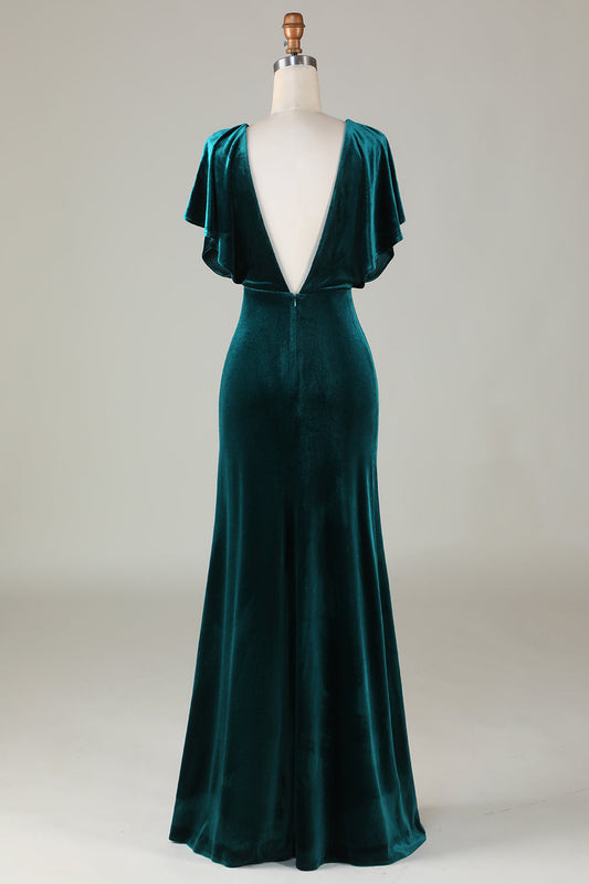 Velvet V-Neck Peacock Bridesmaid Dress with Ruffles