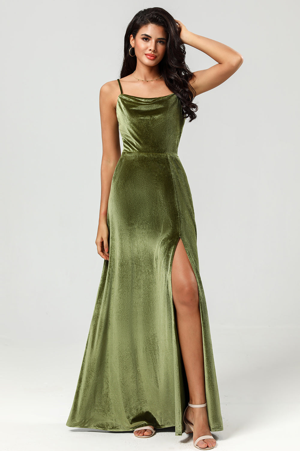 Velvet A Line Green Bridesmaid Dress with Slit