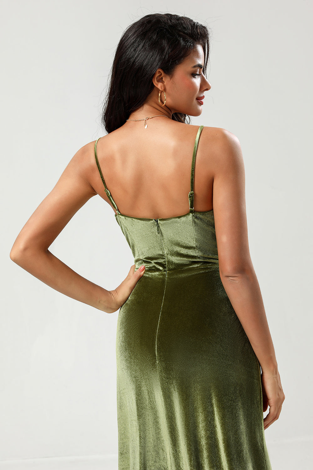 Zapaka Women Velvet A Line Green Bridesmaid Dress with Slit Spaghetti Straps Wedding Party Dress, Olive / US24W Zapaka Women Velvet A Line Green Bridesmaid Dress with Slit Spaghetti Straps Wedding Party Dress, Olive / US24W