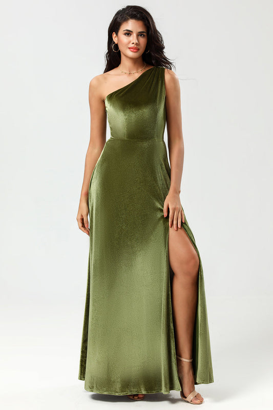 One Shoulder A Line Velvet Green Holiday Party Dress with Slit