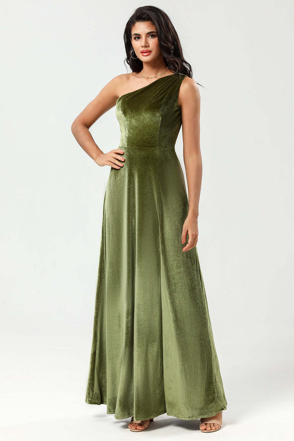 One Shoulder A Line Velvet Green Holiday Party Dress with Slit