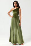 One Shoulder A Line Velvet Green Holiday Party Dress with Slit