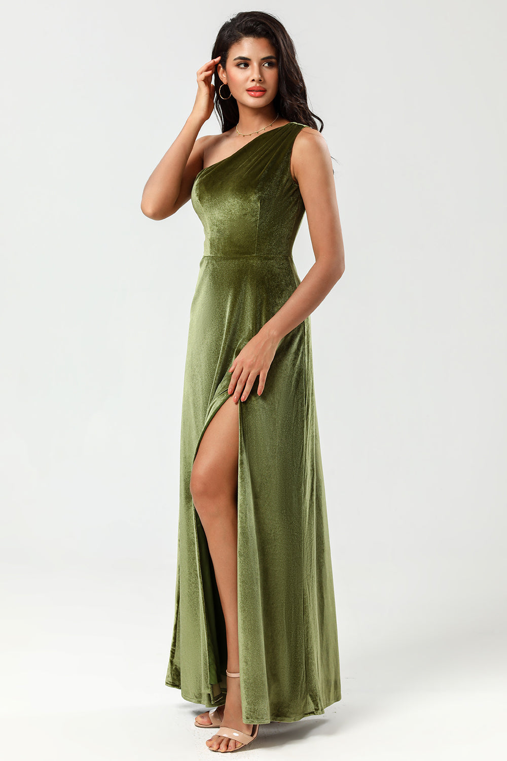One Shoulder A Line Velvet Green Holiday Party Dress with Slit