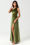 One Shoulder A Line Velvet Green Holiday Party Dress with Slit