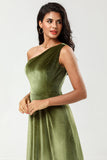 One Shoulder A Line Velvet Green Holiday Party Dress with Slit