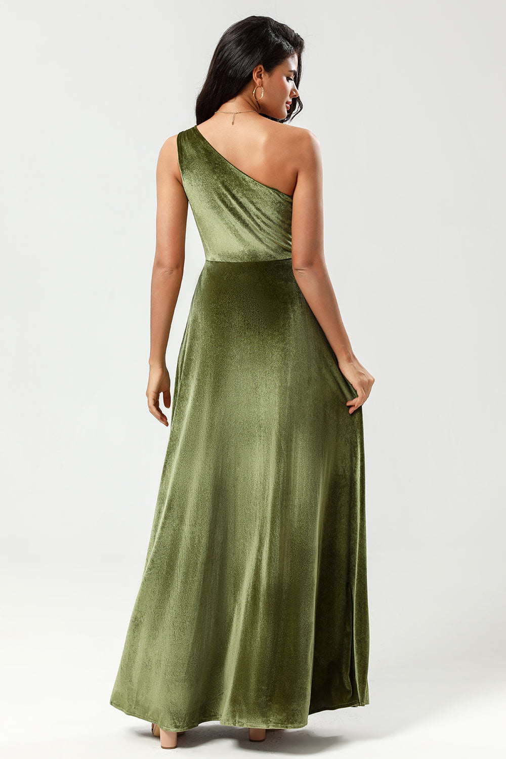 One Shoulder A Line Velvet Green Holiday Party Dress with Slit