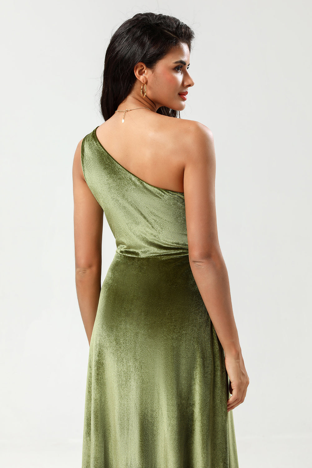 One Shoulder A Line Velvet Green Holiday Party Dress with Slit