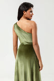 One Shoulder A Line Velvet Green Holiday Party Dress with Slit