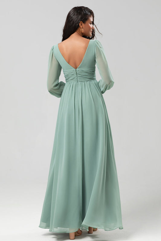 A Line Green Long Sleeves Bridesmaid Dress with Slit