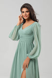 A Line Green Long Sleeves Bridesmaid Dress with Slit