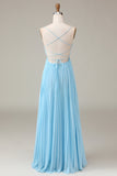 Sky Blue Spaghetti Straps Cowl Neck Pleated Open Back A-line Chiffon Bridesmaid Dress